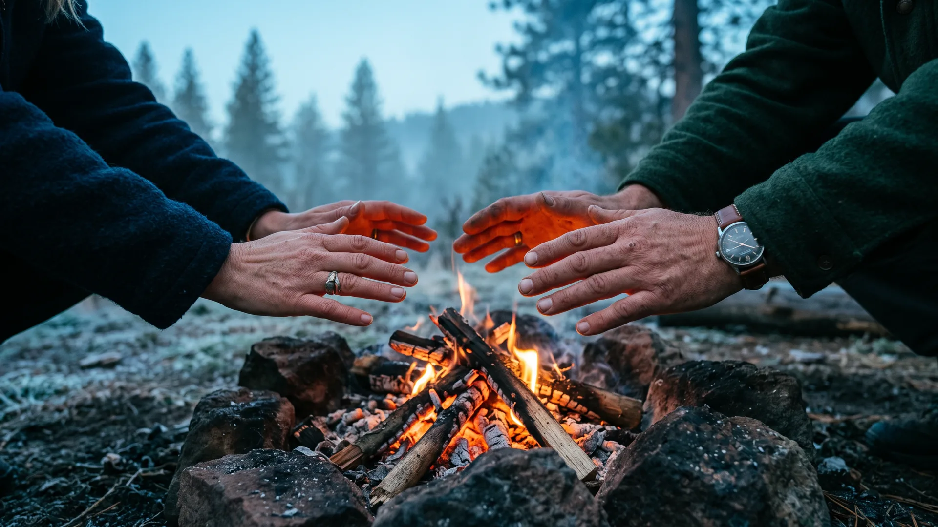 Hands warming around a small campfire in the mountains