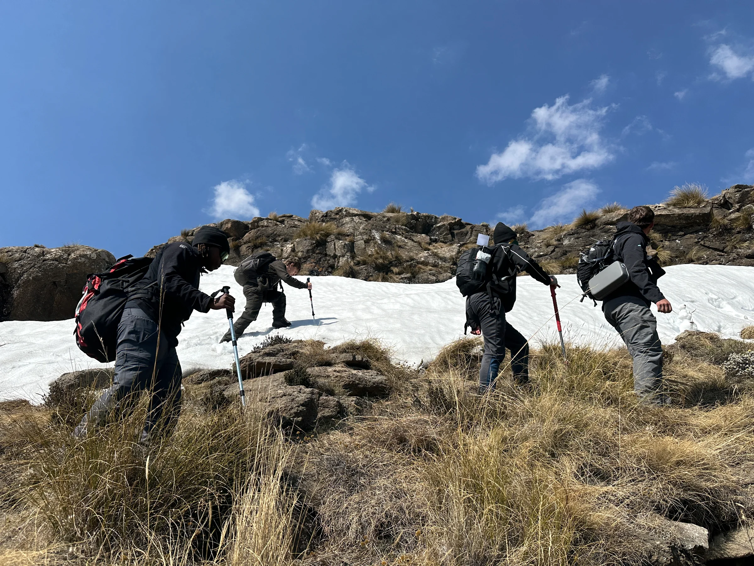 Four hikers with trekking poles crossing a snowy mountain slope